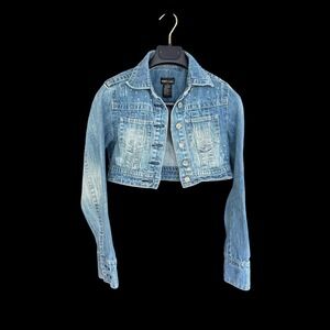 Y2K Wet Seal Vintage Cropped Denim Jacket Blue Distressed Paint Y2K Small